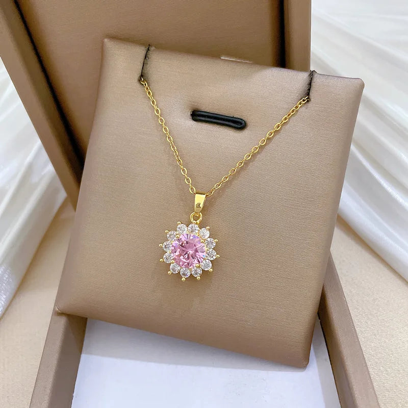 Flower Pendant Choker Necklace – Gold Stainless Steel & Zircon