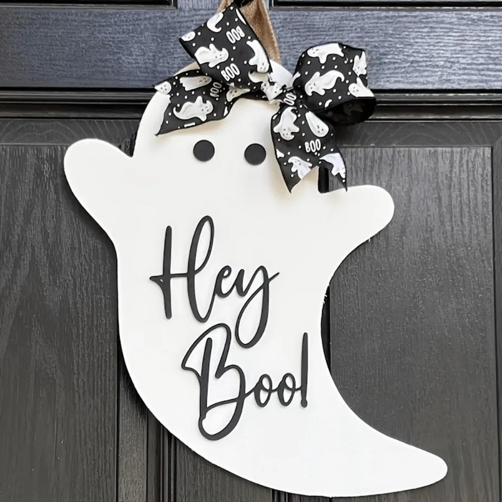Halloween Ghost Door Hanger with Bow – Wooden Sign Décor Halloween Door Hanger Nixie A