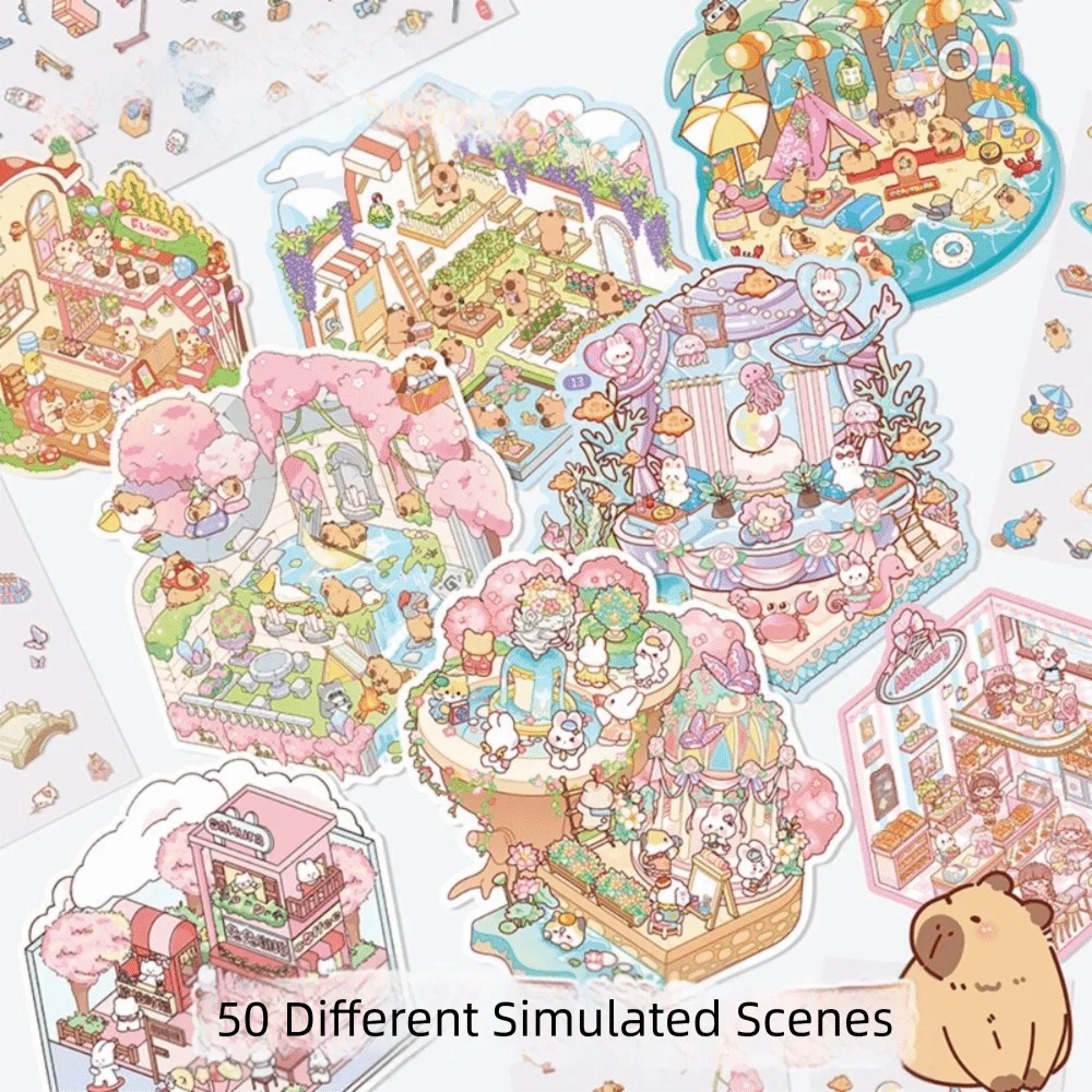 50-in-1 Miniature Scene Landscape Stickers – DIY 3D PET Pack Decorative Sticker Set Nixie
