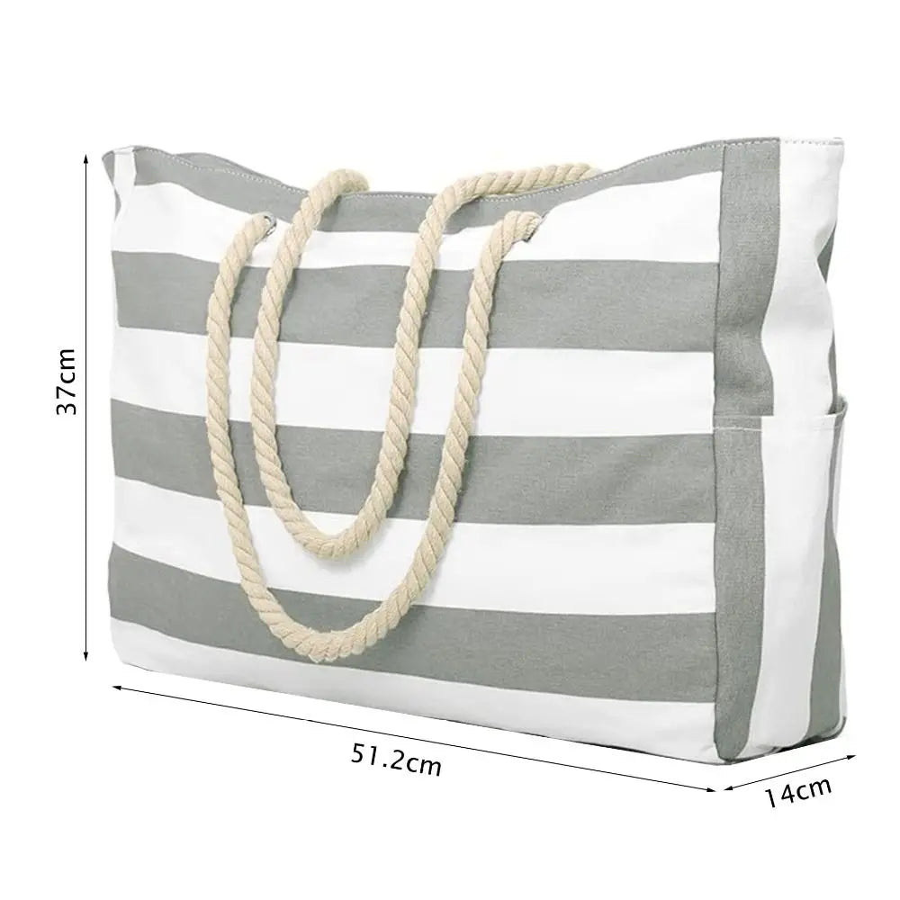 Large Striped Beach Tote Bag | Sandproof, Zipper & Rope Handles Beach Tote Bag Nixie