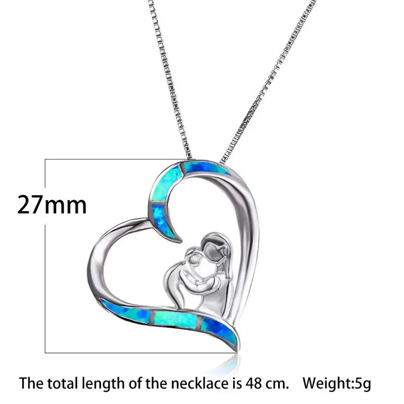 Baby Heart Pendant Necklace Blue Simulated Opal Gift for Mom