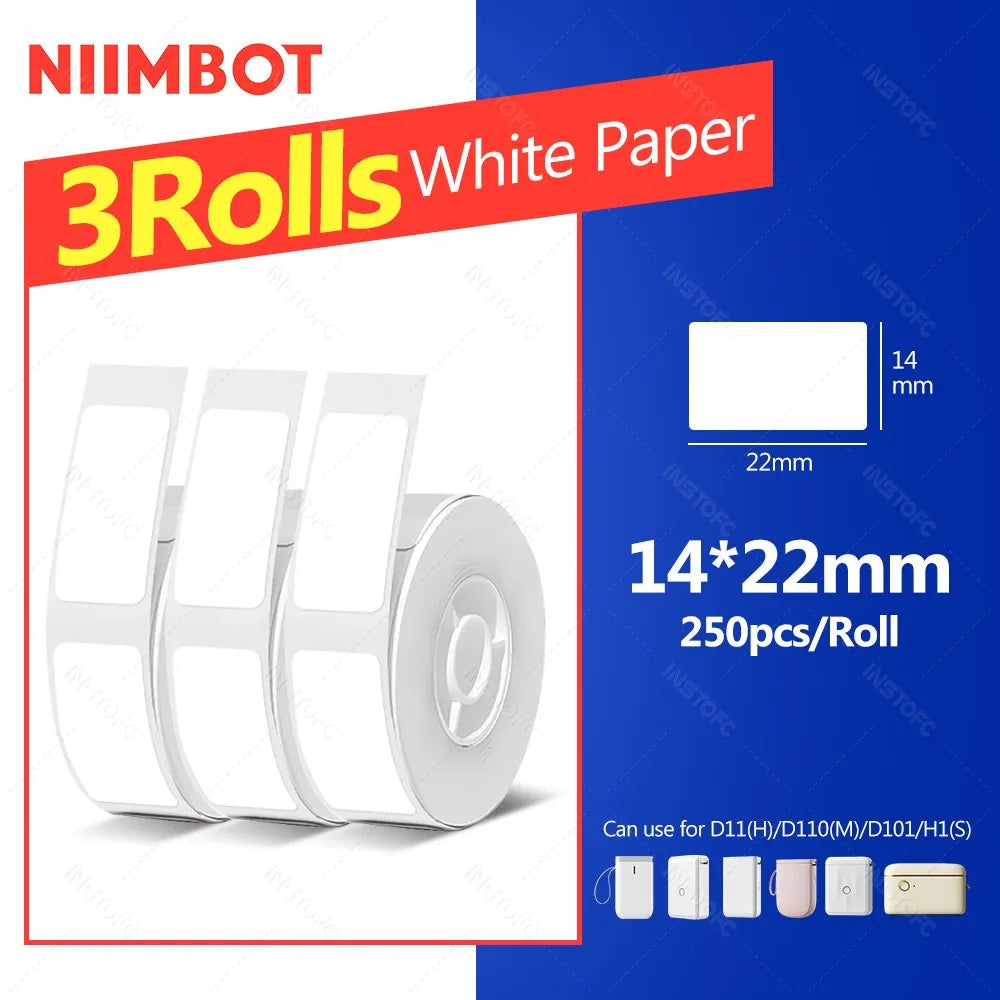 Niimbot Thermal Label Paper – Waterproof White Tape D11 D110 Thermal Label Tape Nixie 3Rolls 14x22mm