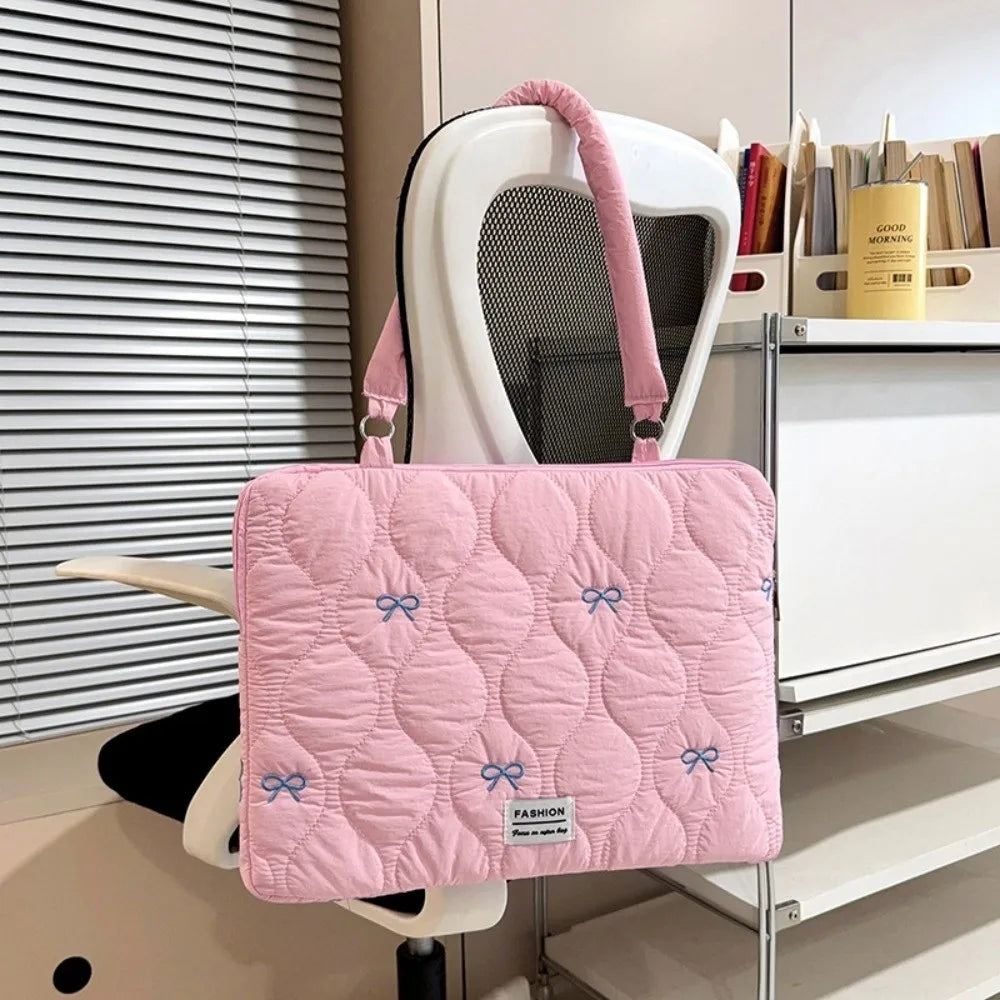 Bowknot Quilted Laptop Sleeve 13–15.6" Padded Shoulder Bag Laptop Shoulder Bag Nixie Pink--15-15.6in