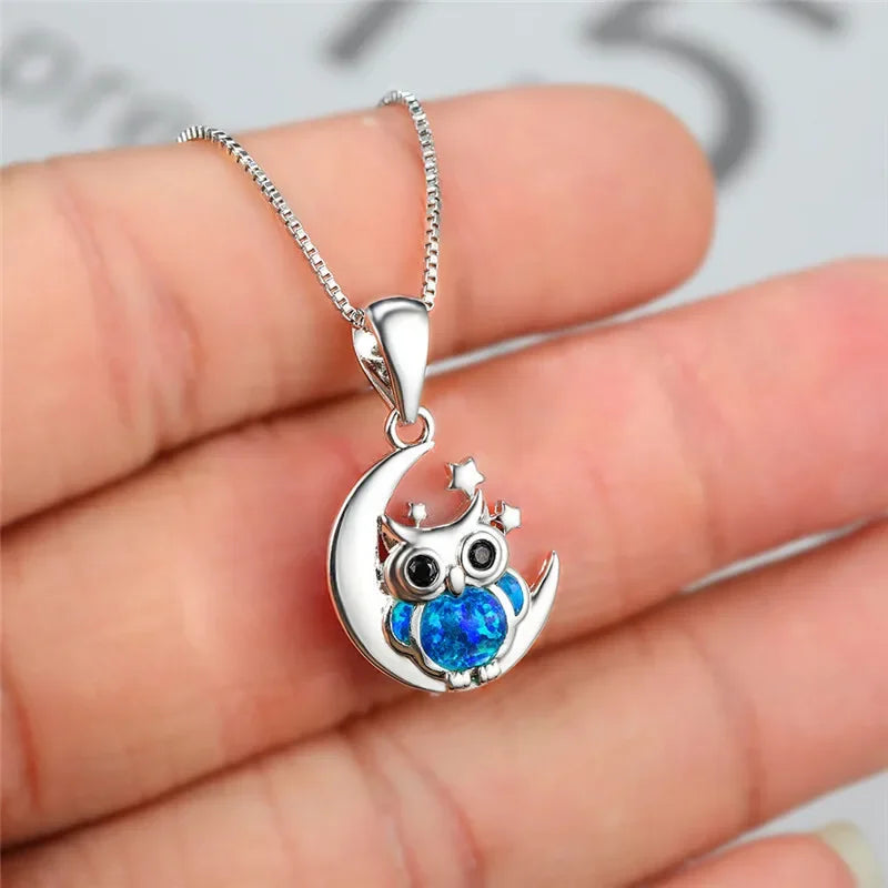 Dainty Owl Blue Simulated Opal Silver Moon Necklace Fashion Necklace Nixie