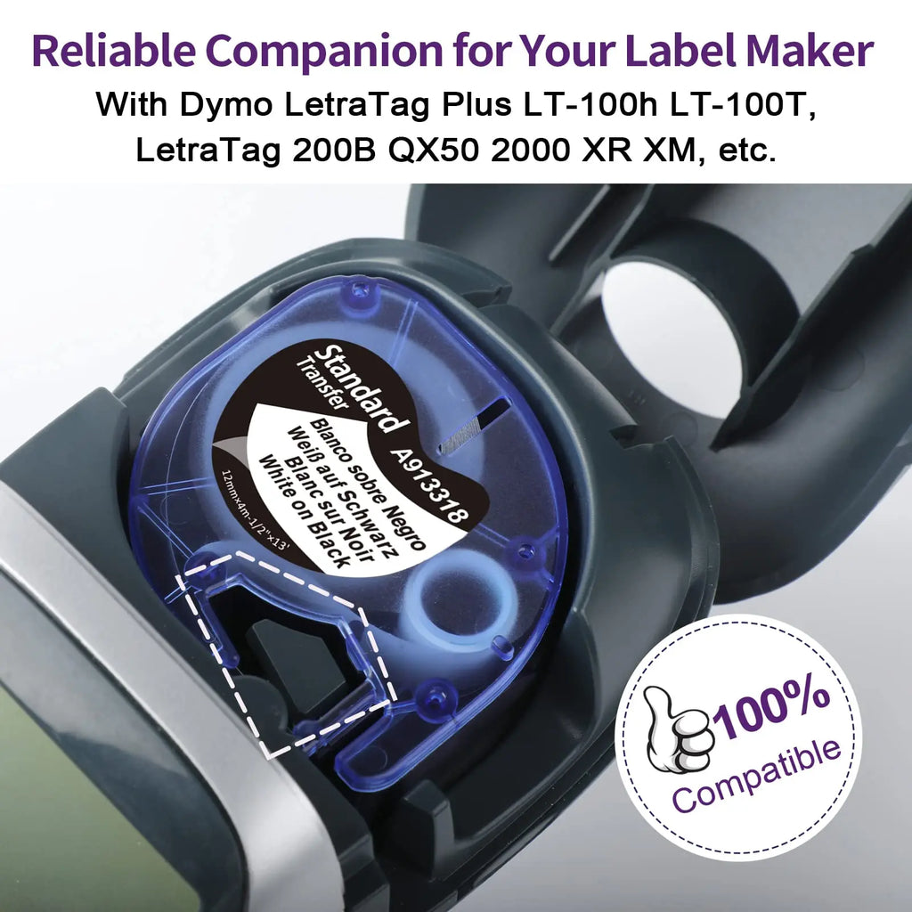 5-Pack 12mm White on Black Label Tape for DYMO LetraTag (913318) Label Tape Refill Nixie