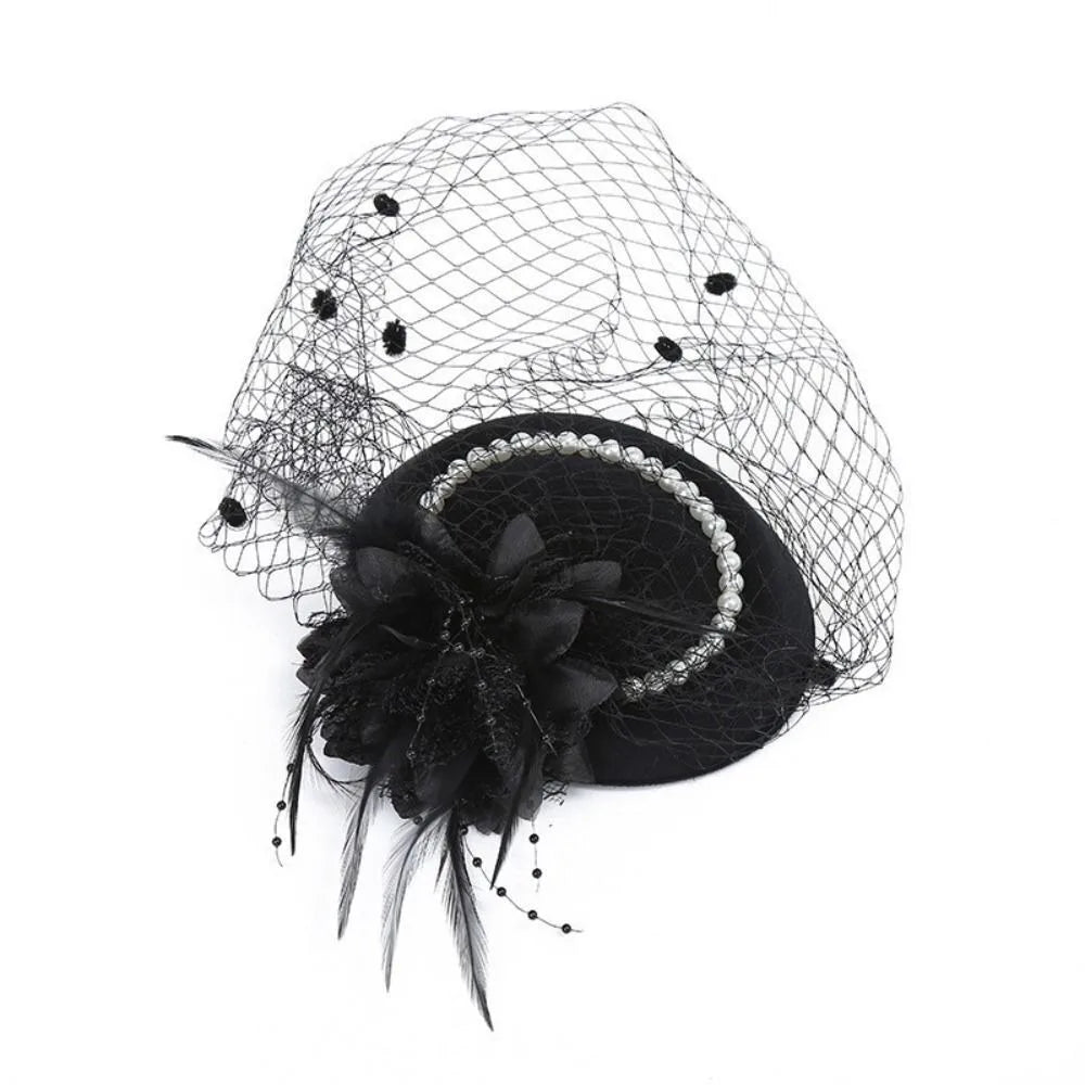 Bridal Pillbox Hat Vintage Mesh Veil Pearl Flower Women Bridal Pillbox Hat Nixie