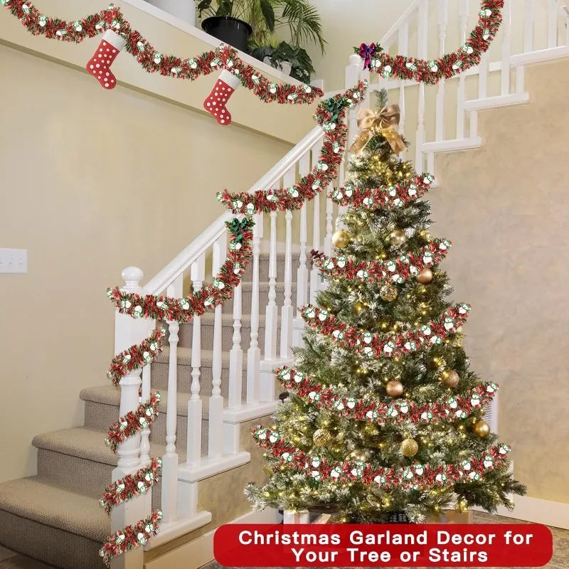 6.6FT Red Green Tinsel Garland with Snowman Ornaments | Xmas Decor Christmas Tinsel Garland Nixie