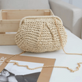 Large Straw Woven Shoulder Bag with Chain Strap | Boho Tote Straw Shoulder Bag Nixie Beige