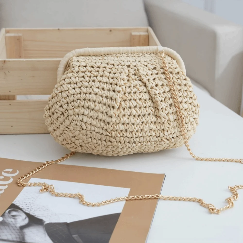 Large Straw Woven Shoulder Bag with Chain Strap | Boho Tote Straw Shoulder Bag Nixie Beige