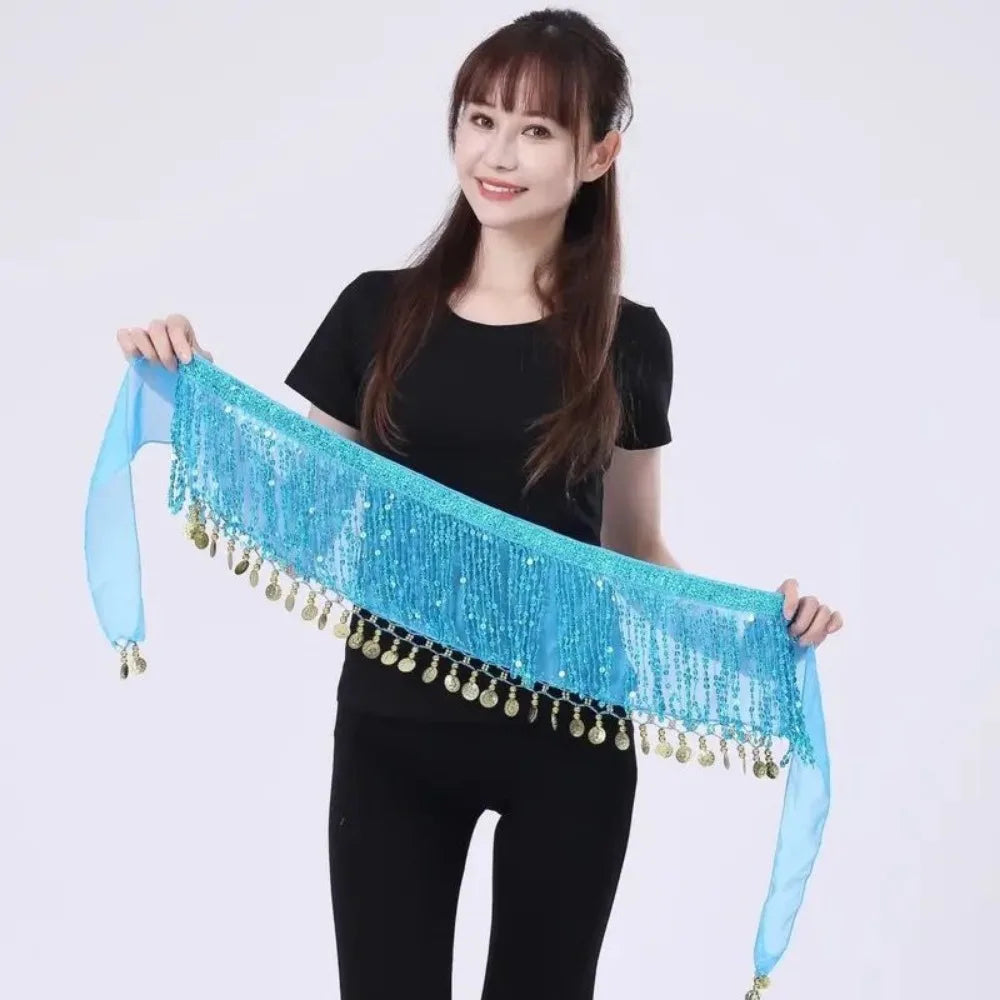 Sequin Belly Dance Hip Scarf – Tassel Fringe Waist Belt Skirt Dance Hip Scarf Nixie Blue