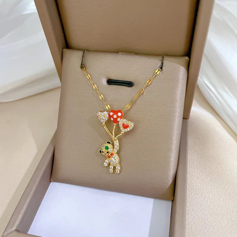 Balloon Bear Pendant Necklace – Gold Stainless Steel & Zircon Pendant Necklace Nixie
