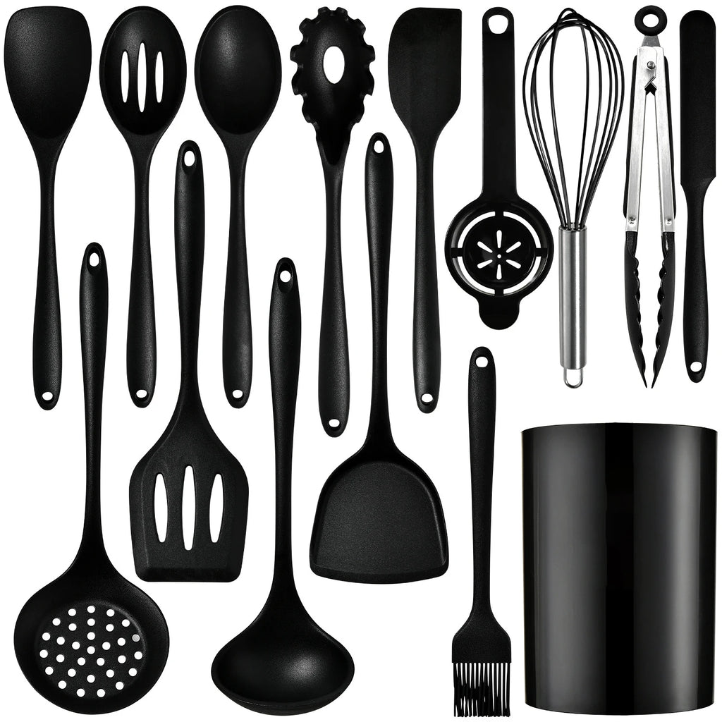 15-Piece Food Grade Silicone Kitchen Utensils Cookware Set Silicone Utensil Set Nixie black