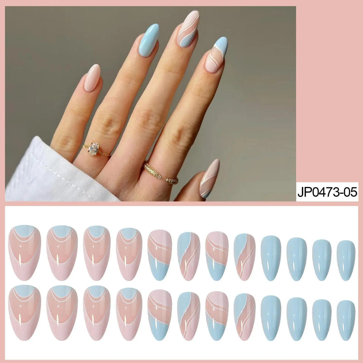 Blue Wave French Press-On Nails Rhinestone Crystal L Size Press-On Nails Nixie 24PCS