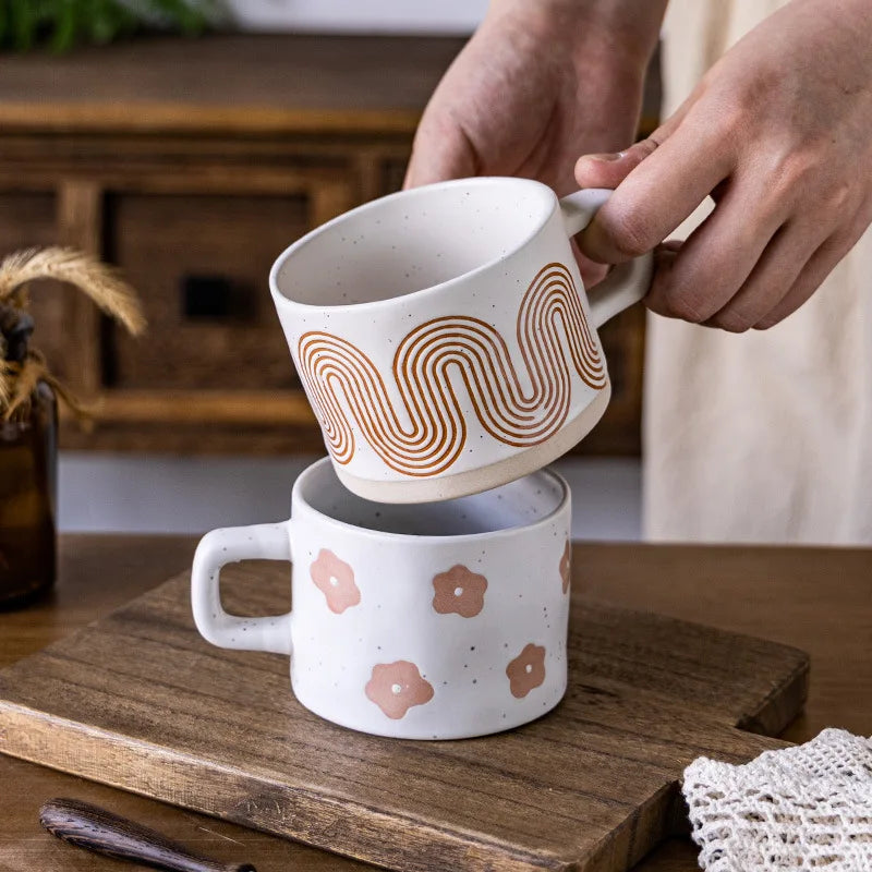 Retro Ceramic Coffee Cup Hand-Painted Floral Embossed 250ml