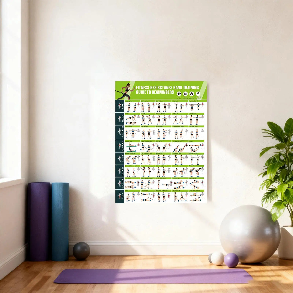 Workout Posters – Resistance Bands & Yoga Exercise Wall Chart