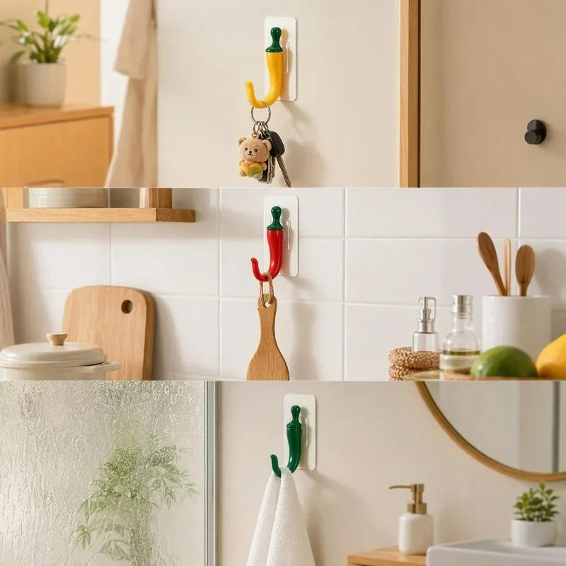 3pcs Chili Shape Self-Adhesive Wall Hooks – No Drill Decor Adhesive Wall Hooks Nixie