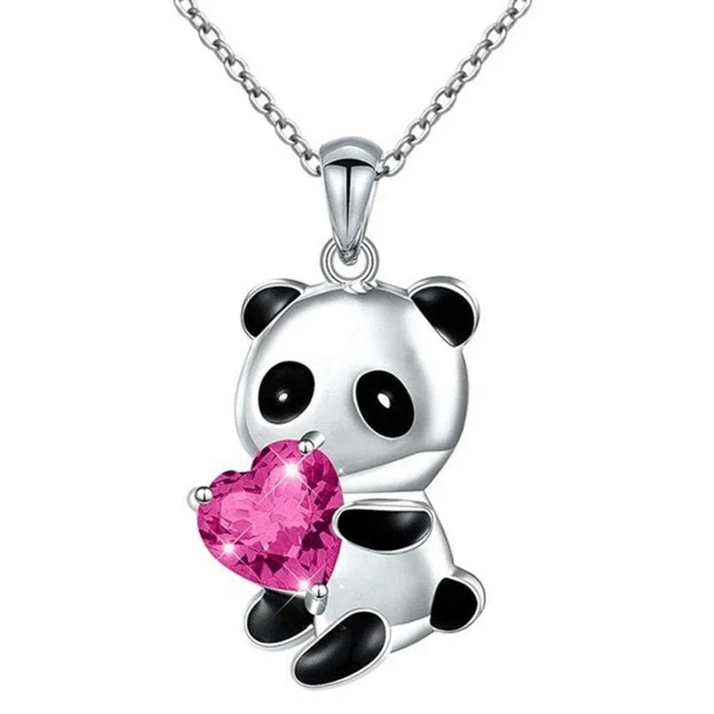 Panda Bear Heart Charm Necklace – Purple Glass Pendant Pendant Necklace Nixie