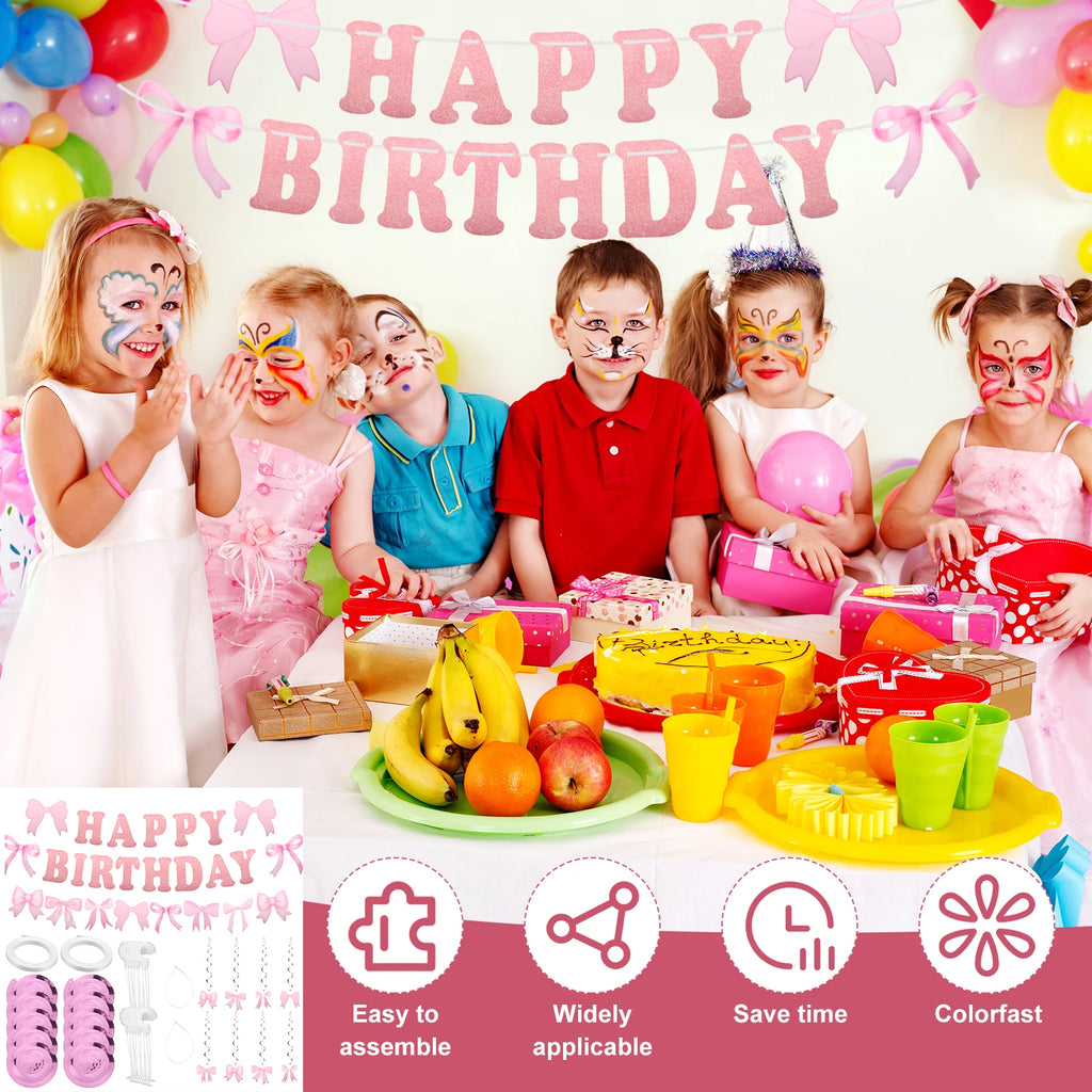 Pink Bow Happy Birthday Banner & Swirl Party Decoration Set Party Banner Set Nixie