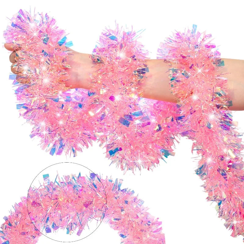 2M Christmas Metal Wire Garland – Snow Silk Foil Wreath Decor Christmas Garland Nixie 2M-Pink