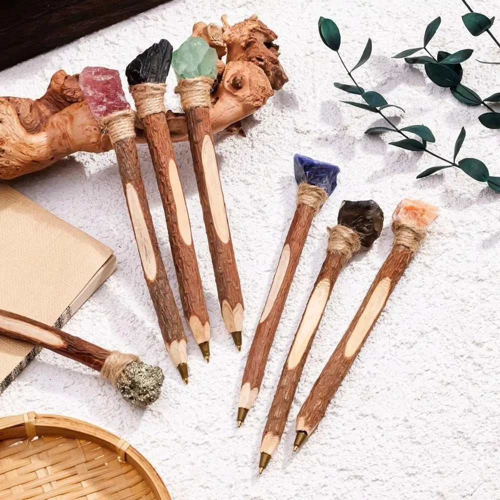 Handmade Natural Crystal Ballpoint Pen – Wooden Wand Writing Pen Crystal Wand Pen Nixie