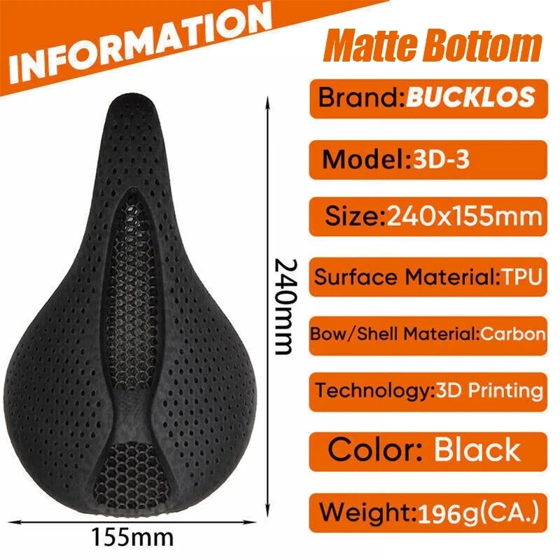 BUCKLOS 3D Printed Carbon Fiber MTB & Road Bike Saddle Bike Saddle Nixie 3D matte(155mm)