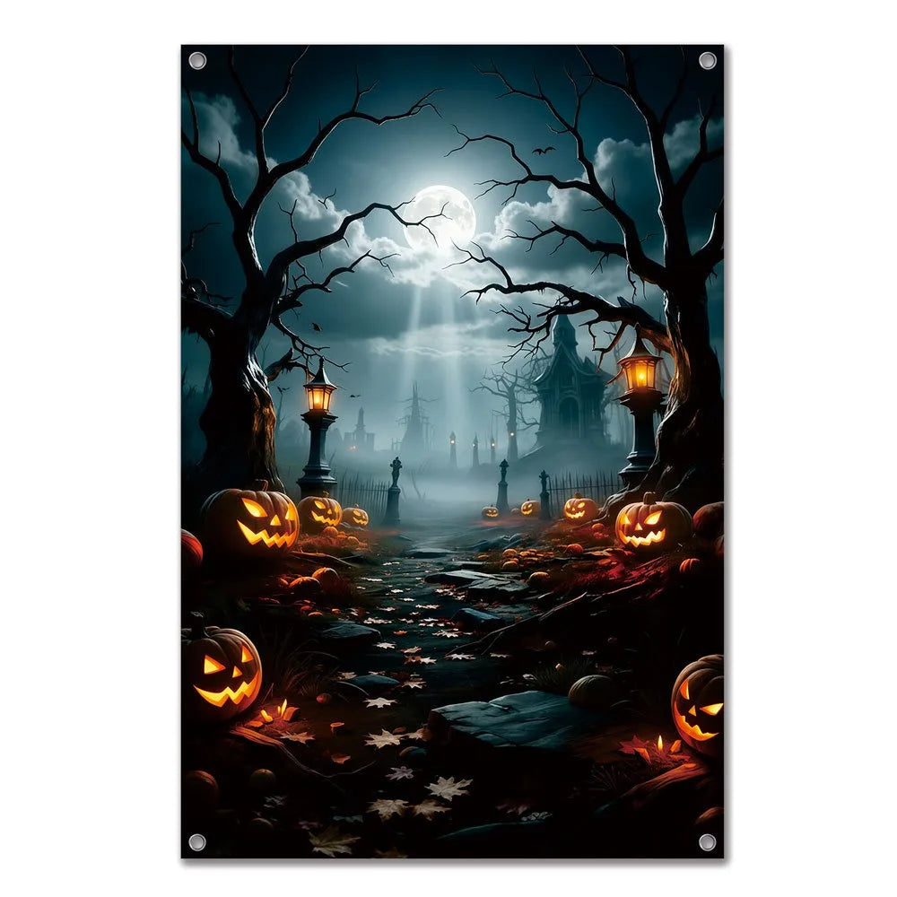 Halloween Fake Window Curtain Banner – Non-Woven Fabric 80×120cm