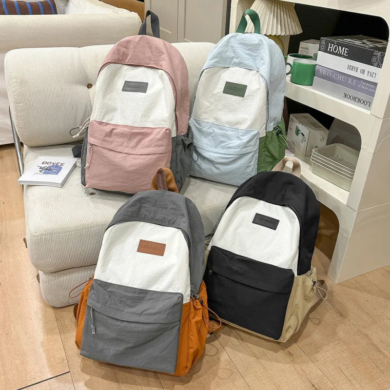 Color-Block Nylon Backpack – Large Capacity School Bag for Women