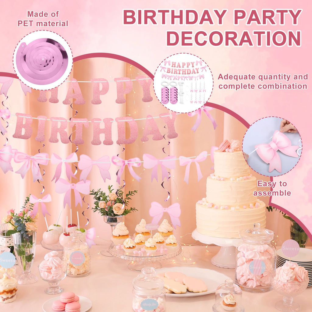 Pink Bow Happy Birthday Banner & Swirl Party Decoration Set Party Banner Set Nixie
