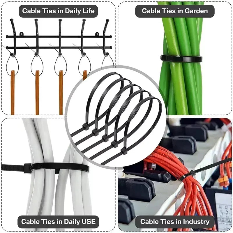 Black Nylon Cable Ties Self-Locking Zip Straps 5×200 & 8×300mm
