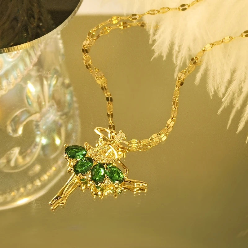 Zircon Ballet Girl Pendant Necklace | Gold Clavicle Chain