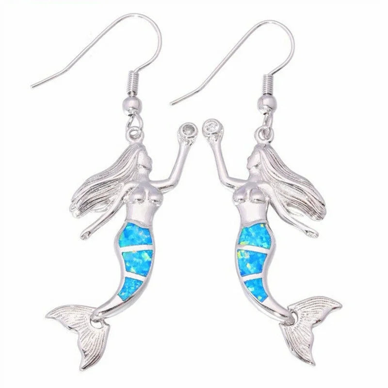 Women's Mermaid Simulated Opal Silver Long Drop Earrings