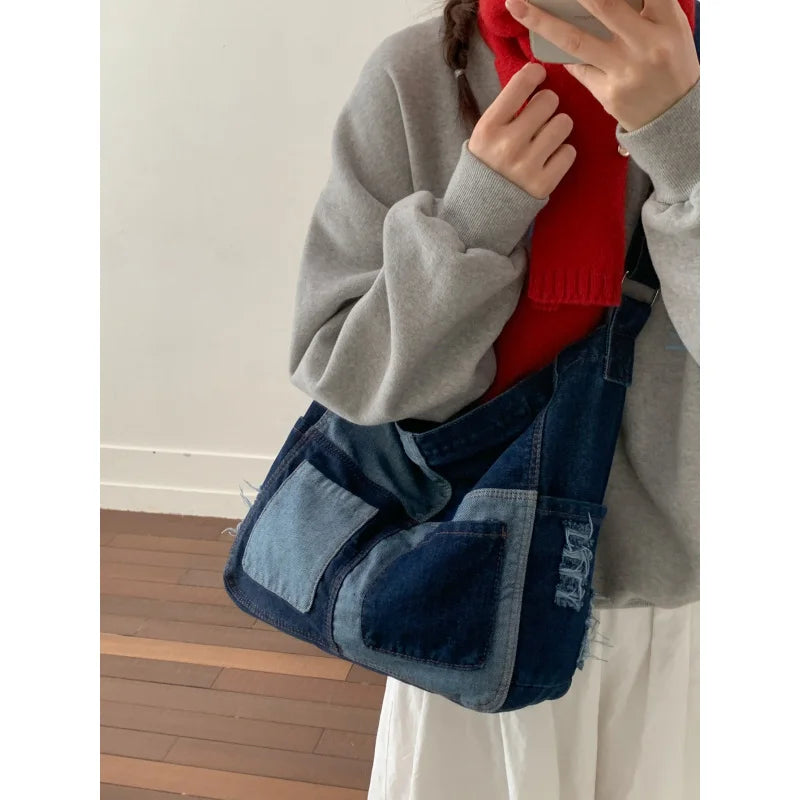 Denim Patchwork Crossbody Bag | Japanese Retro Messenger Bag