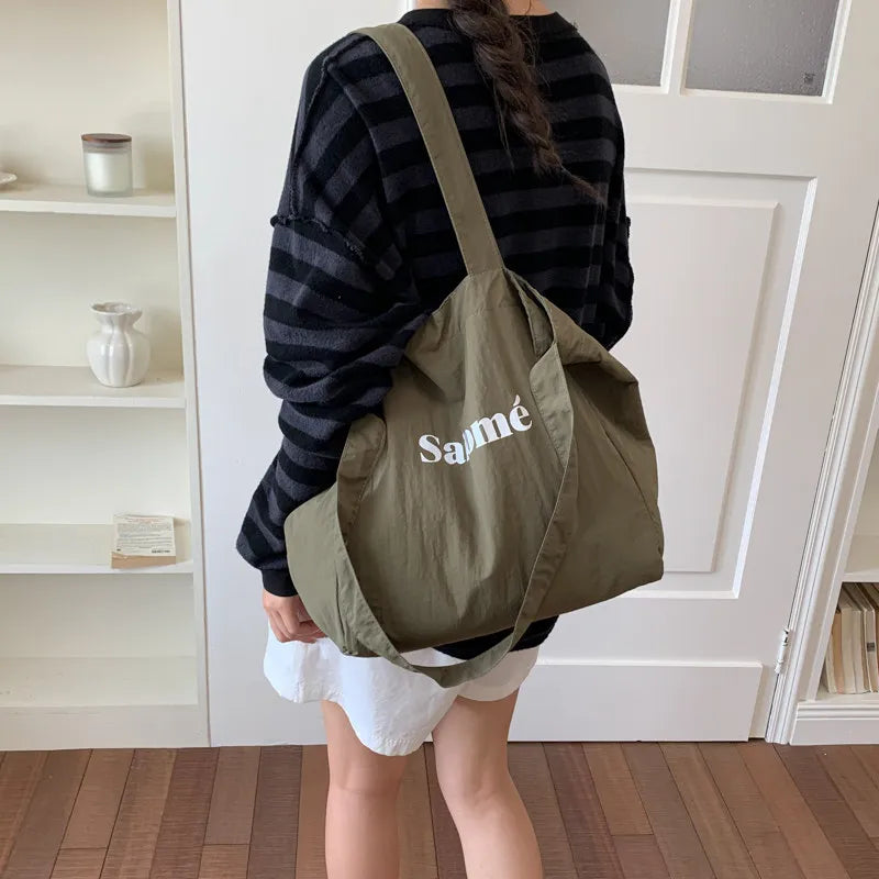 Korean Style Large Canvas Tote Bag – Letter Print Shoulder Bag Canvas Tote Bag Nixie Green
