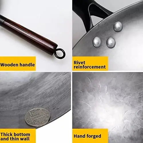 FEB.WIND Hand Forged Iron Wok – Non-Coating, Wooden Handle Iron Cooking Wok Nixie