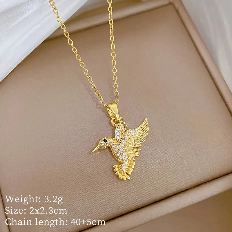 Bird Pendant Choker Necklace | Gold Stainless Steel & Zircon Pendant Choker Necklace Nixie XL2606-920