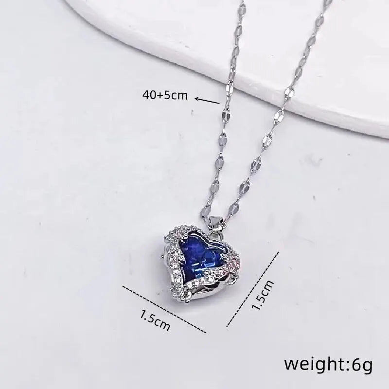 Ocean Heart Zircon Pendant Necklace | Copper & Steel Chain Pendant Necklace Nixie