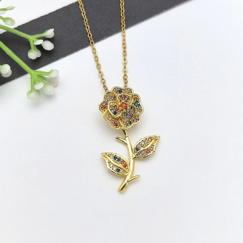 Zircon Flower Pendant Necklace | Gold Stainless Steel | Nixie Pendant Necklace Nixie