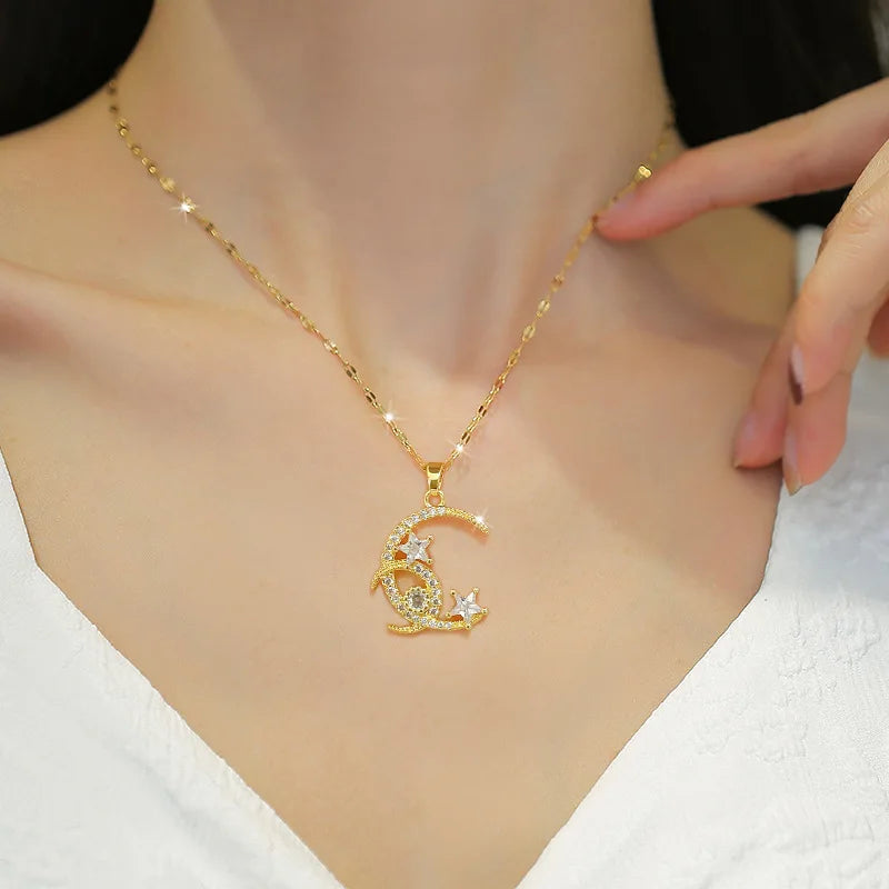 Star Moon Pendant Necklace | Gold Stainless Steel Choker Women Pendant Necklace Nixie