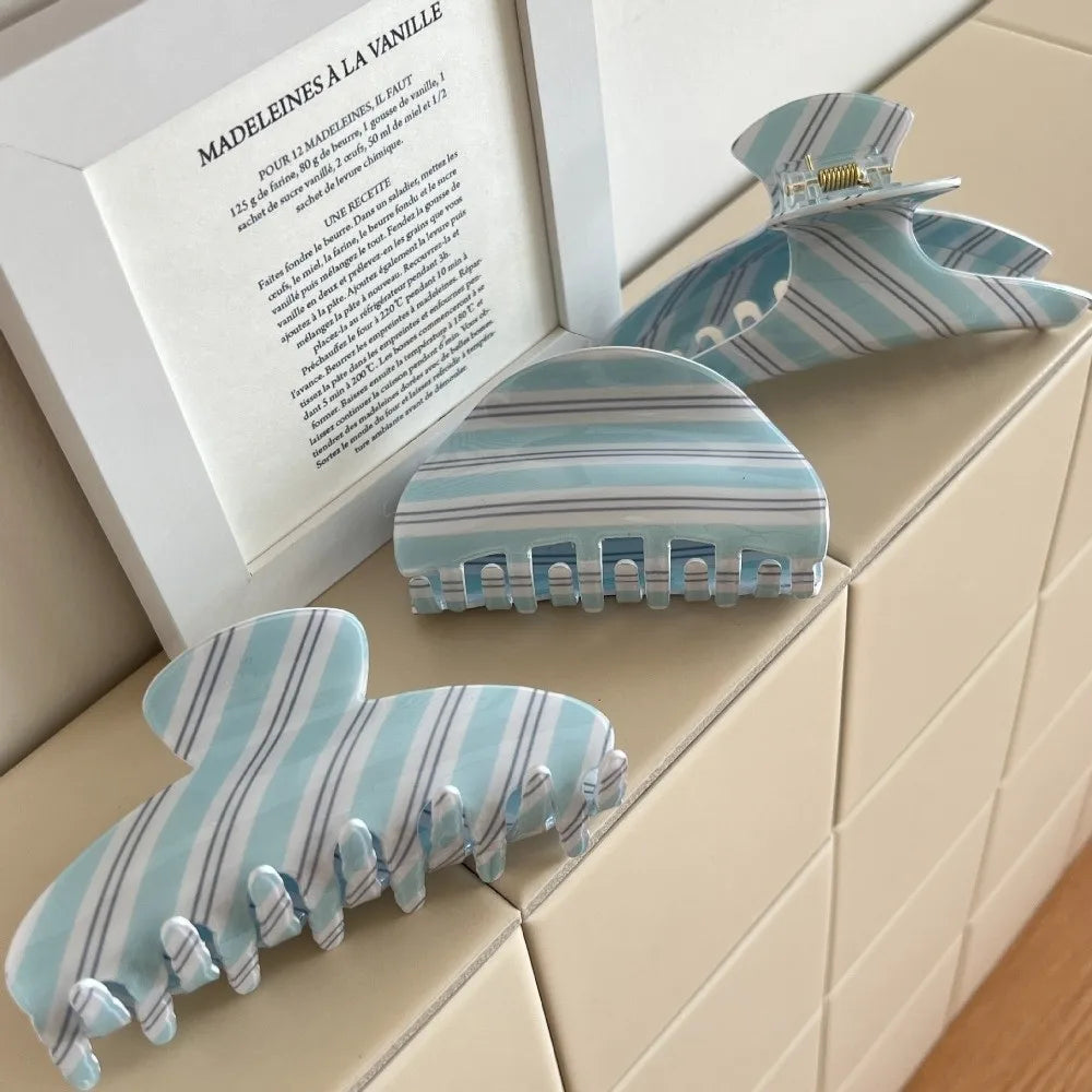 Blue Stripe Geometric Hair Claw Clip – Semicircle Barrette Hair Claw Clip Nixie