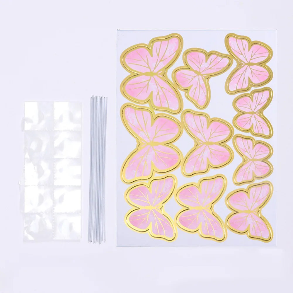 10PCS Colorful Butterfly Cake Toppers Gold Edge Party Decoration Cake Topper Set Nixie Pink