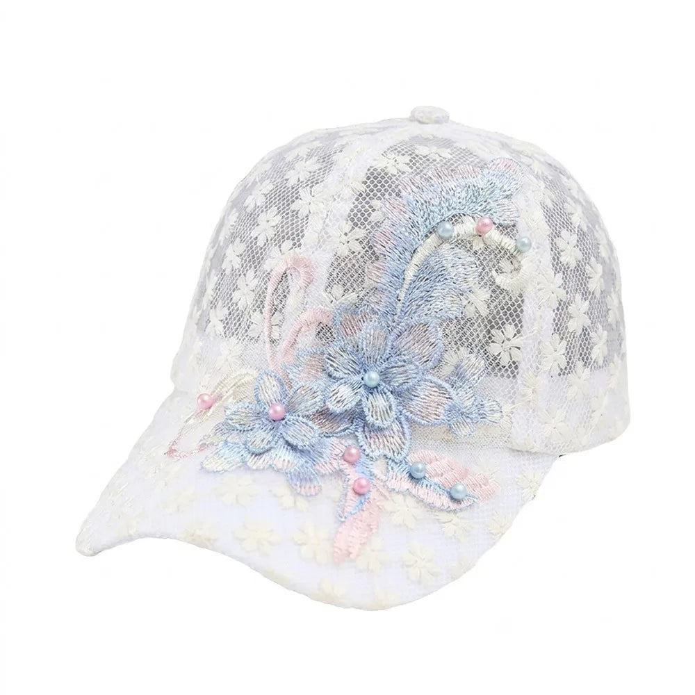 Lace Baseball Cap Floral Embroidered Hollow Breathable Women Hat Lace Baseball Cap Nixie White