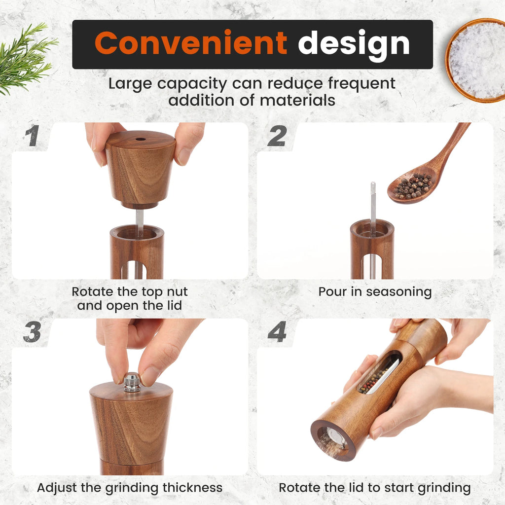 2-Pack Wooden Salt & Pepper Grinder Set with Tray & Spoon Salt & Pepper Mill Set Nixie