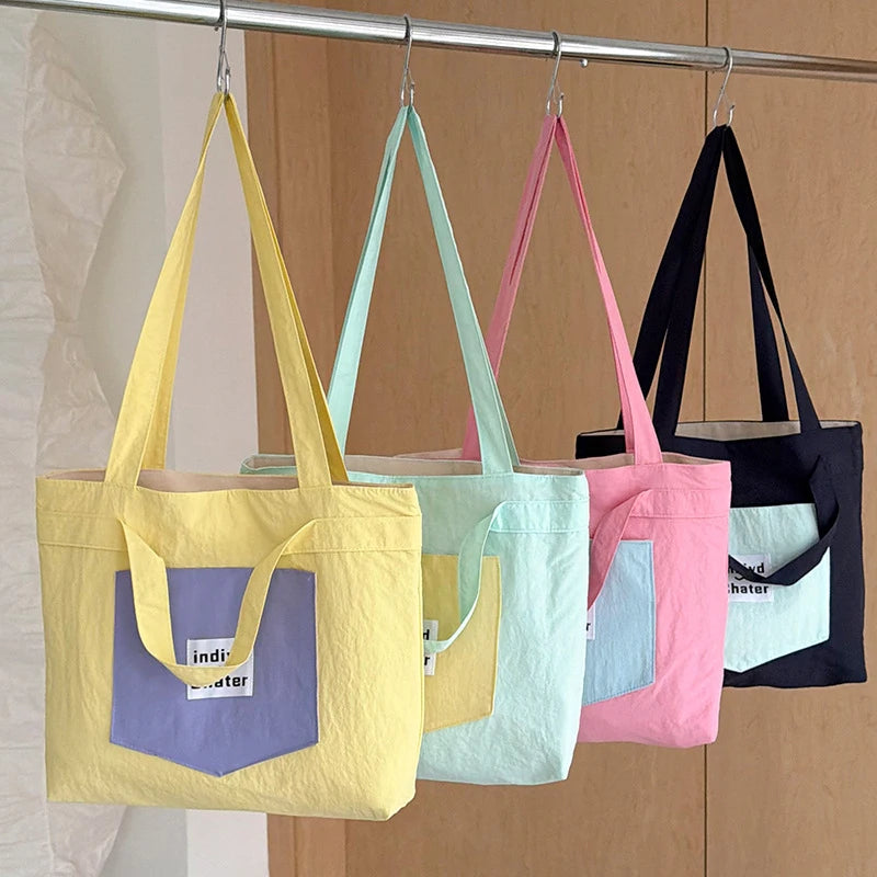 Women's Nylon Color Block Tote Bag | Korean Style Shoulder Bag Nylon Tote Bag Nixie