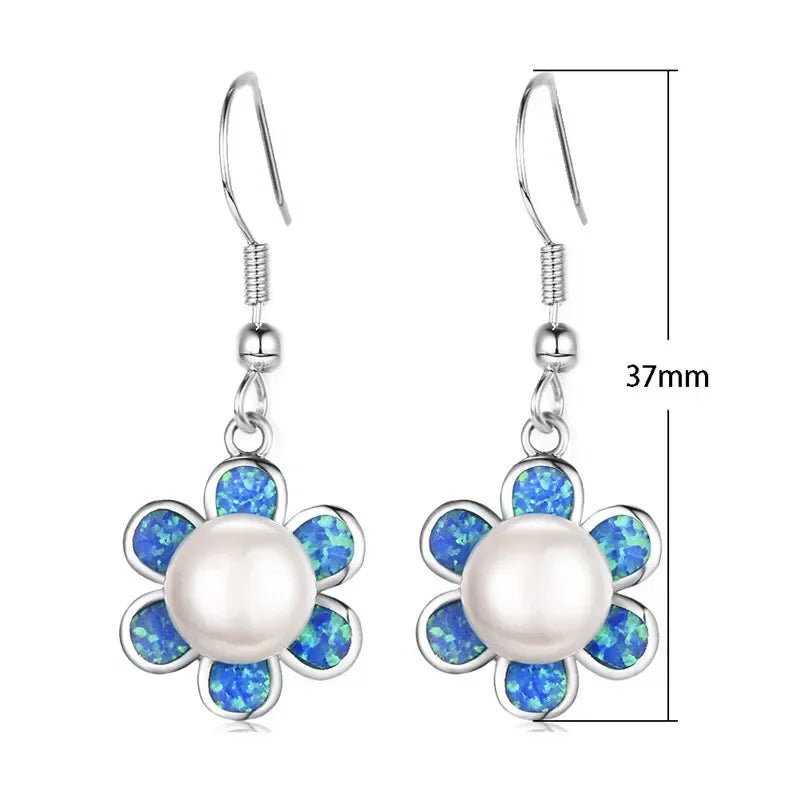 Pearl Dangle Blue Simulated Opal Drop Earrings | Silver Fashion Drop Earrings Nixie