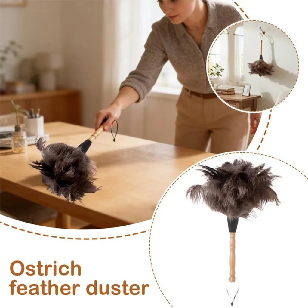 Ostrich Feather Duster Wooden Handle – Anti-Static Home Cleaning