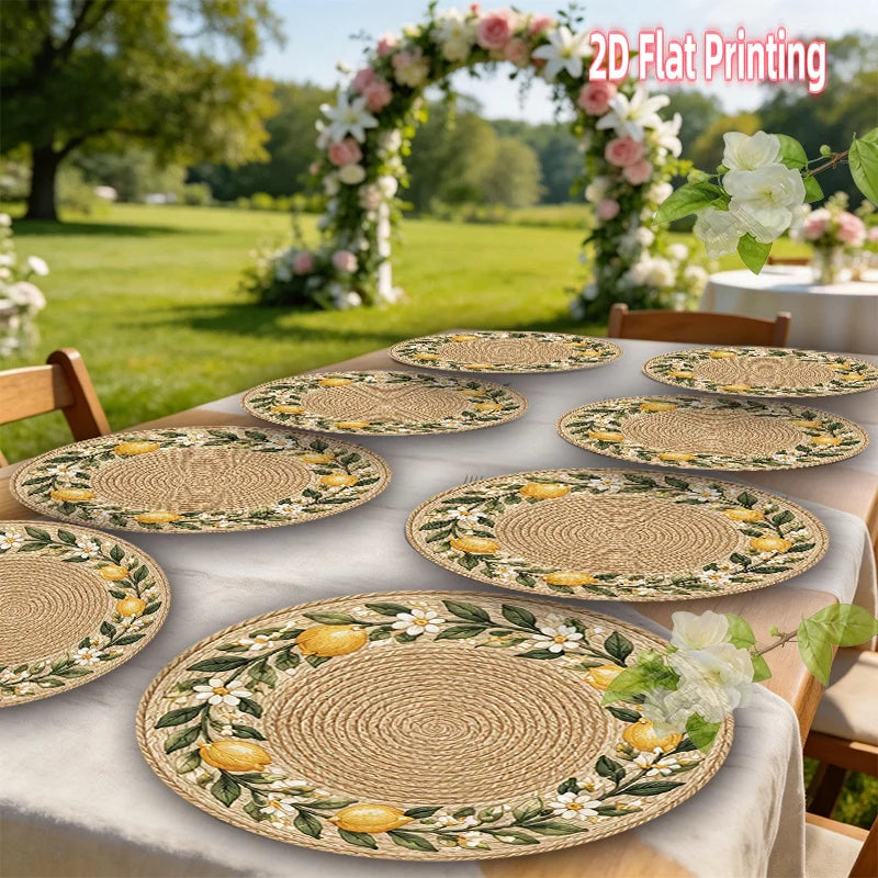 4-Piece Round Placemats Lemon Flower Rattan 15-Inch Polyester Decorative Placemats Nixie