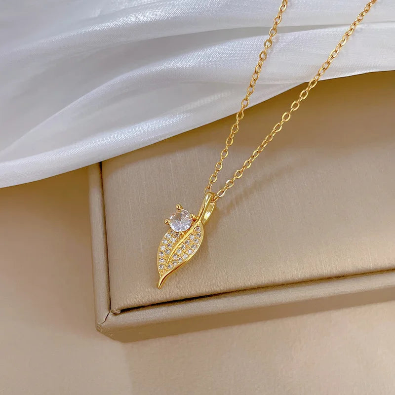 Gold Leaf Pendant Choker Necklace | Stainless Steel & Zircon