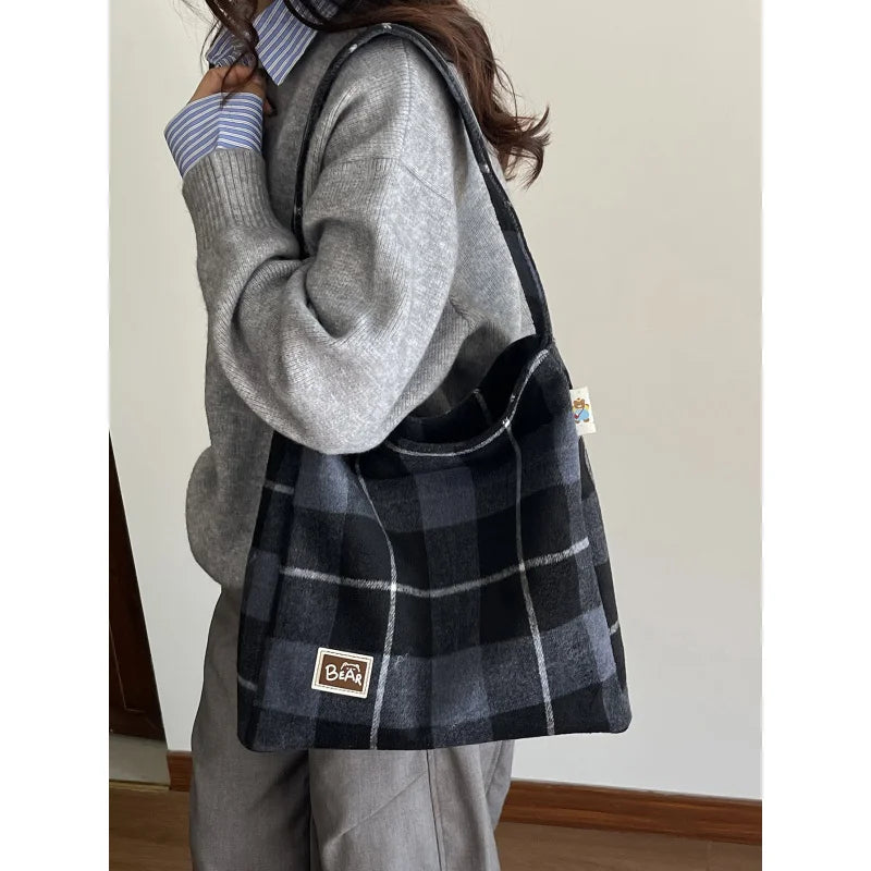 Vintage Plaid Woolen Tote Bag – Large Shoulder Handbag for Women Woolen Tote Bag Nixie