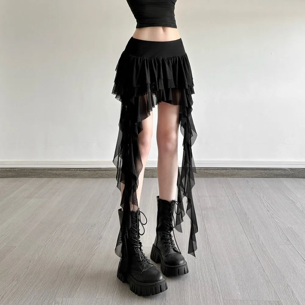 Women's High Waist Tiered Ruffle Mini Skort – Asymmetrical Hem