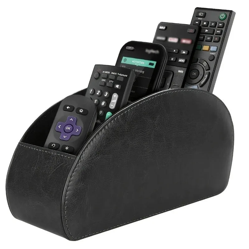 5-Compartment PU Leather Remote Control Holder & Desk Organizer